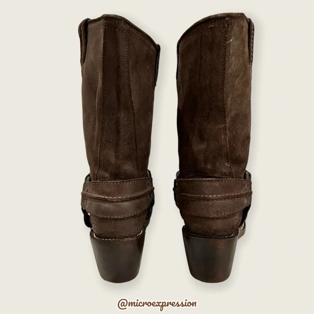 $379 Frye Carmen Harness Motorcycle Brown Leather Mid Calf Pull On Short Boot - Picture 9 of 13